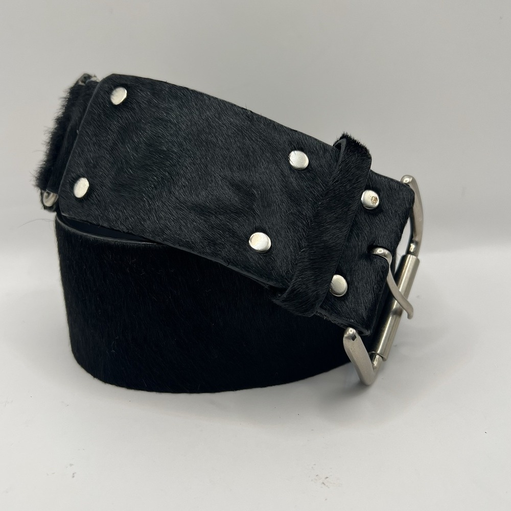 Olga Santini Wide Multi Panel Hair On Italian Leather Belt M Black Punk Boho
